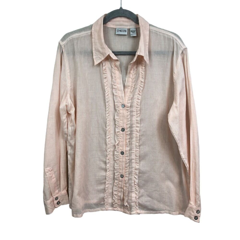 Chico's Women Blouse Top Striped Ruffled VNeck Button Semi Sheer Orange White 2*